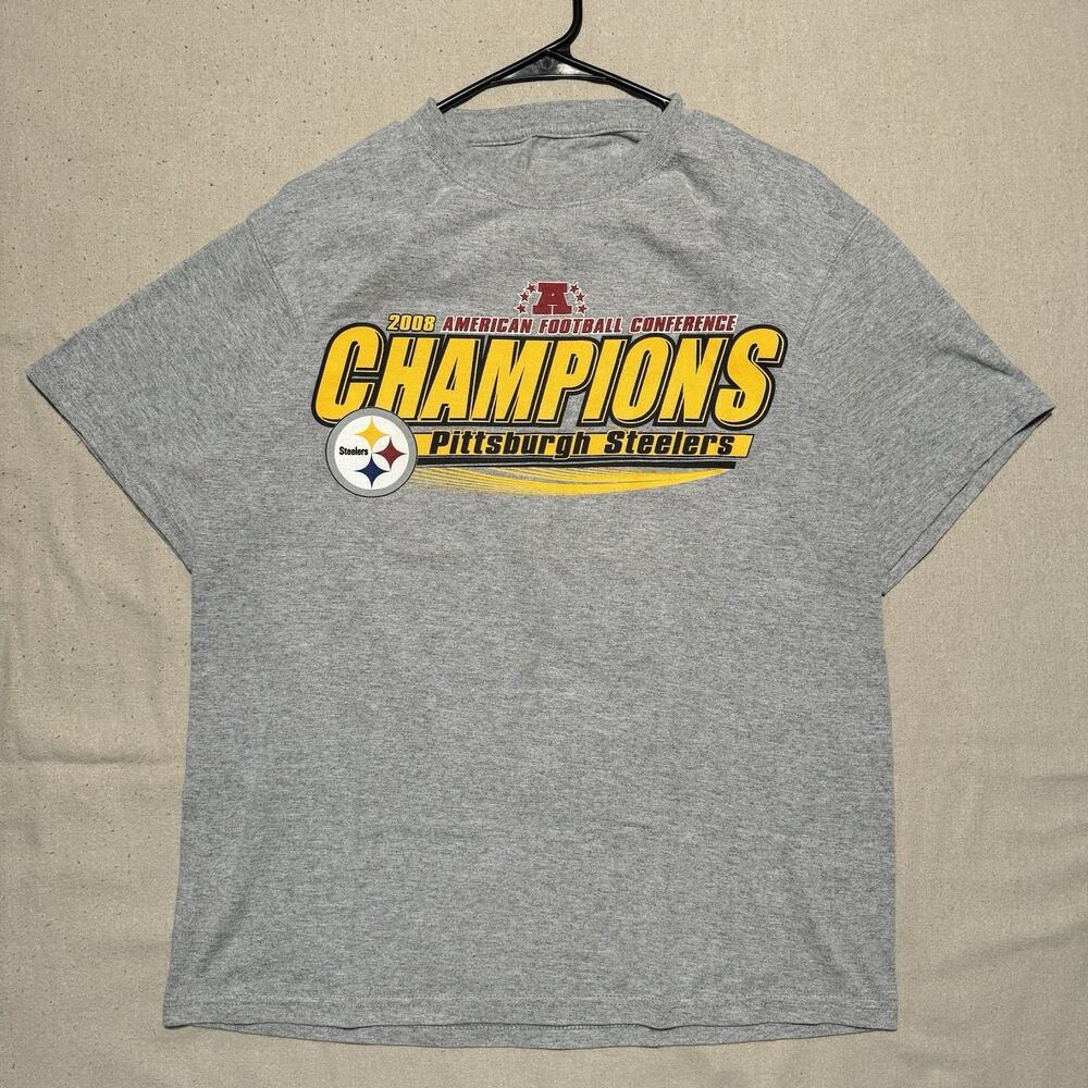Retro Pittsburgh Steelers 2008 AFC Conference Champions Grey T Shirt Mens Medium
